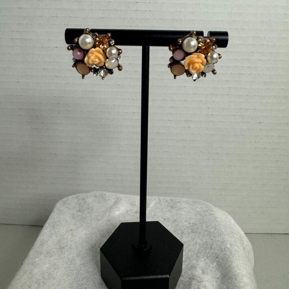 Park Lane Brass Tone Ash Love Rose Studs Peach Pink Pearl Dainty Whimsical Roman